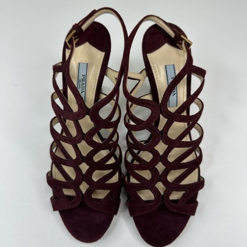 Prada Burgundy Suede Cage Wedge Sandals Gold Studded Heel Women 37.5‎ Italy